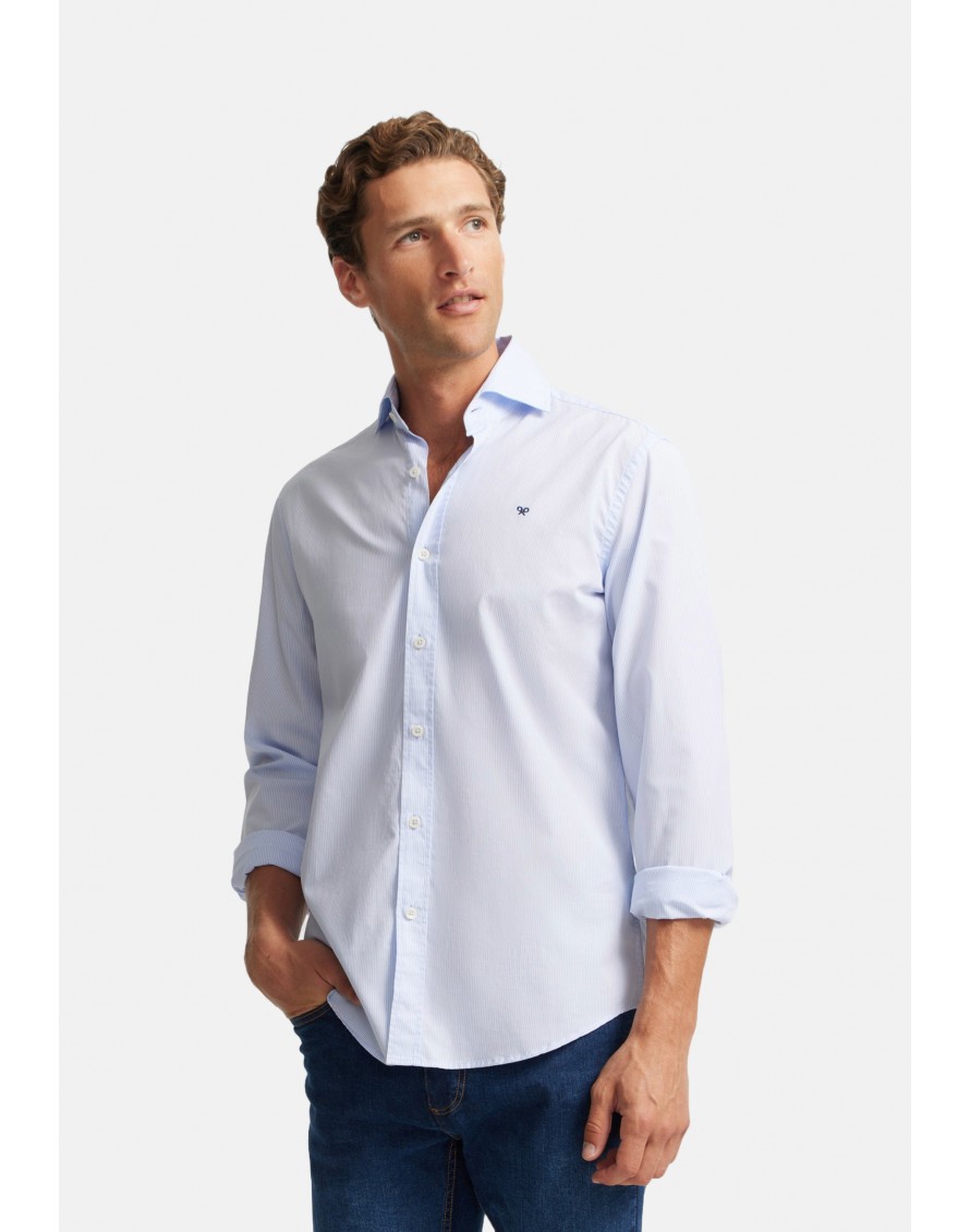 Silbon Camisa sport cutaway rayas celeste